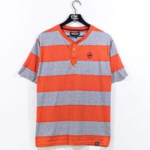 MECCA Striped Henley T-Shirt Medium Y2K Hip Hop Skater Streetwear